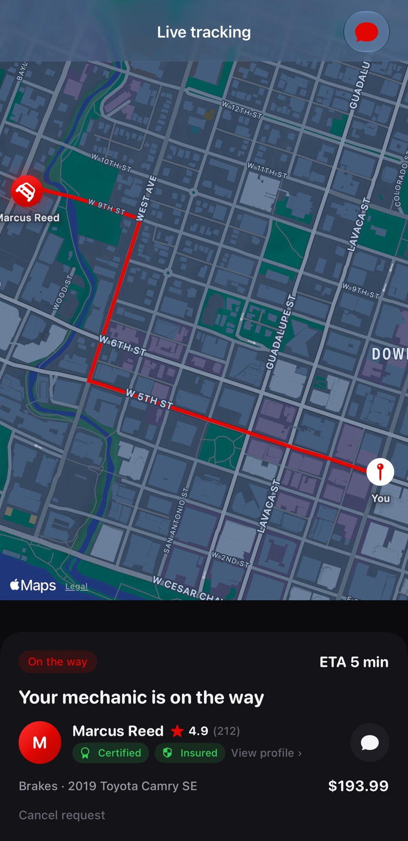 Torq live tracking — your mechanic on the map with a live ETA